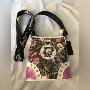 Ed Hardy Skull and Floral Crossbody Bag - Pink and Black